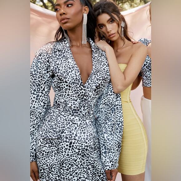 NWT House Of CB Black & White Animal Printed Satin Blazer Dress Womens Size L - Picture 6 of 11